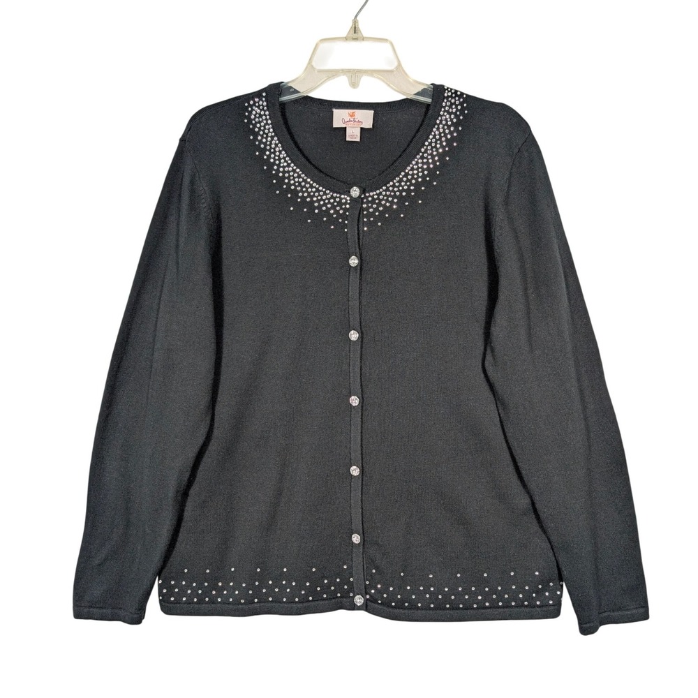L Quaker Factory‎ Women's Black Cardigan Rhinestone Embellished Button Front